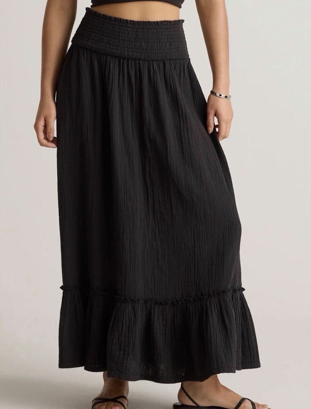 Quince Organic Cotton Gauze Tiered Maxi Skirt Women’s S Black Smocked Waist